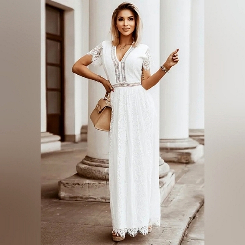 LAST ONE! White Lace Boho V Neck Maxi Dress - Picture 3 of 7